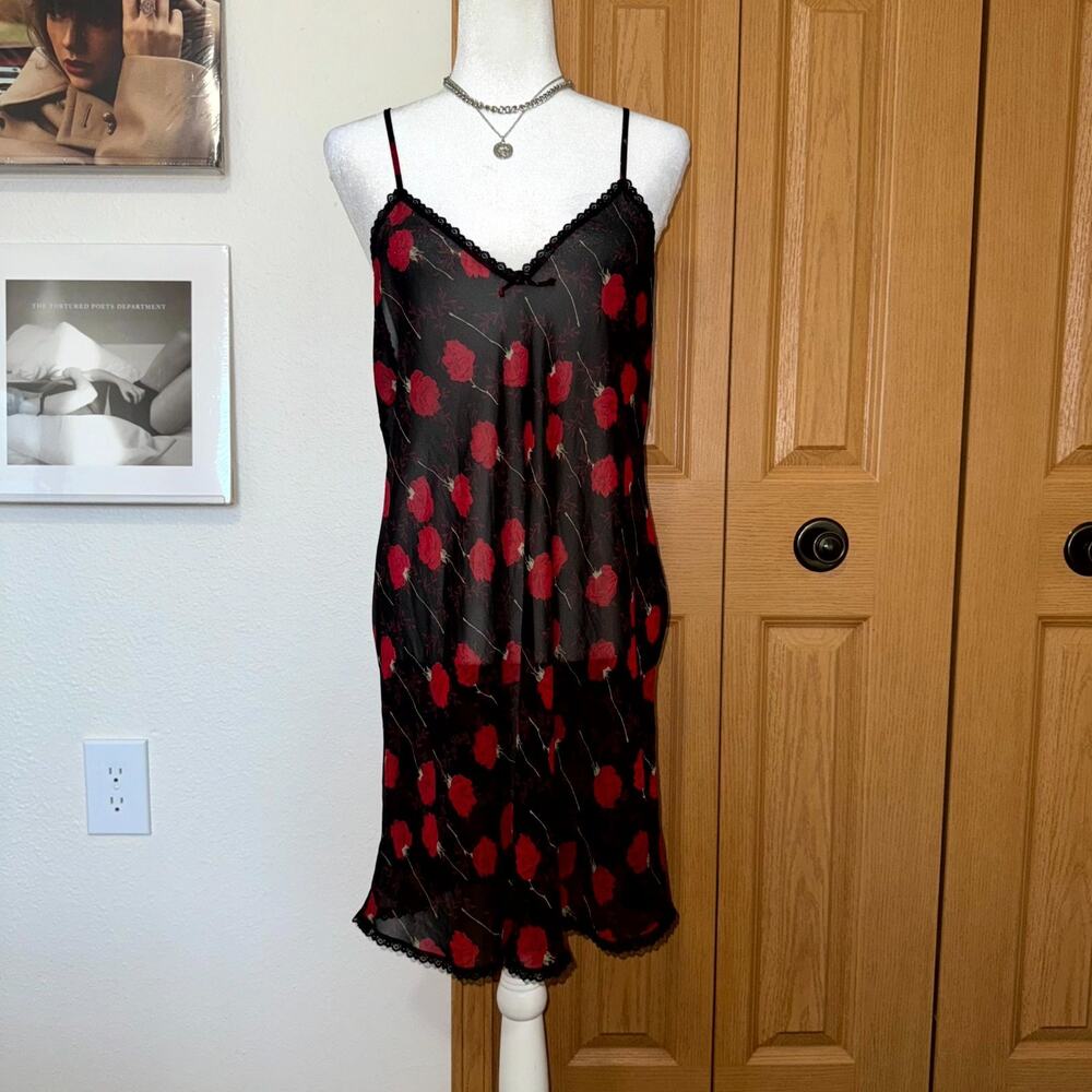 Vintage Chiffon Slip Dress Women's M Black Red Roses Lace Trim Adjustable Straps